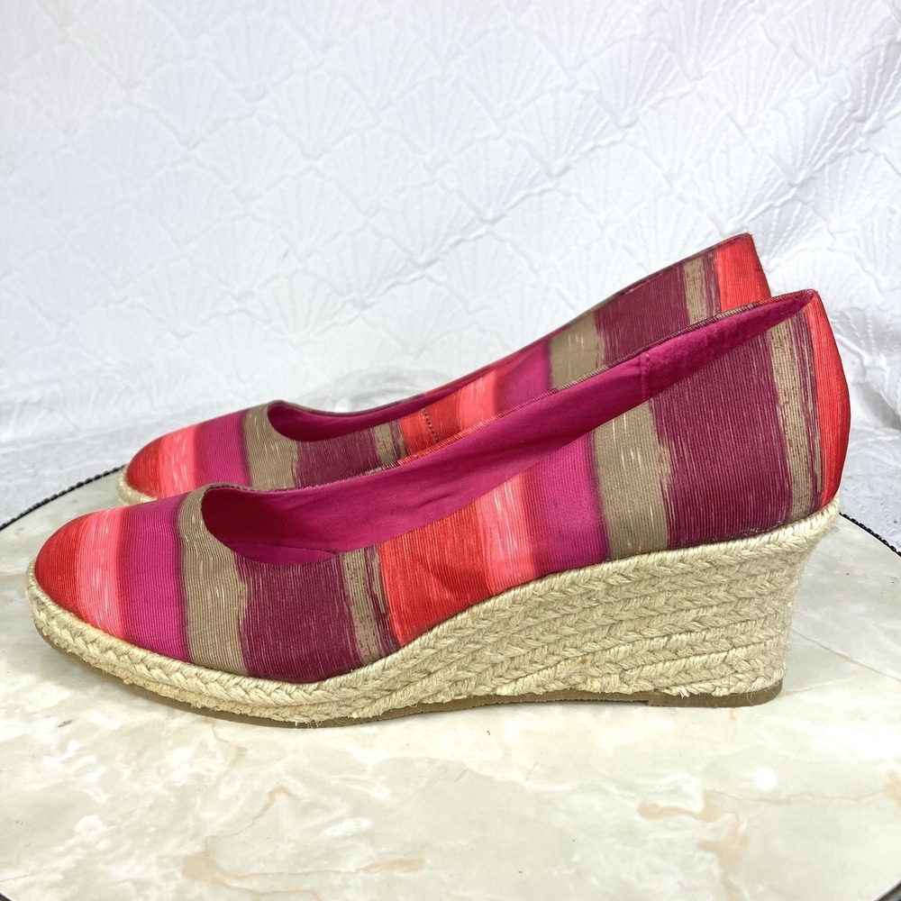 Soft Style Striped Espadrille Wedge Pump Women 8.5 Pink Red Coastal Comfort New - Picture 6 of 14